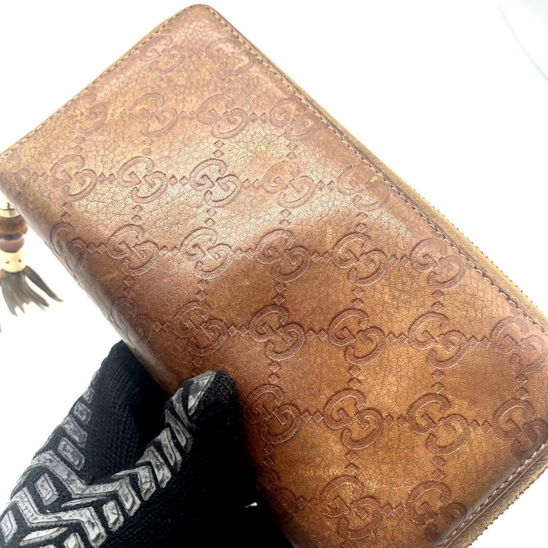 希少✨グッチ 長財布 ラウンドファスナー レオパード シマレザー GG ブラウン