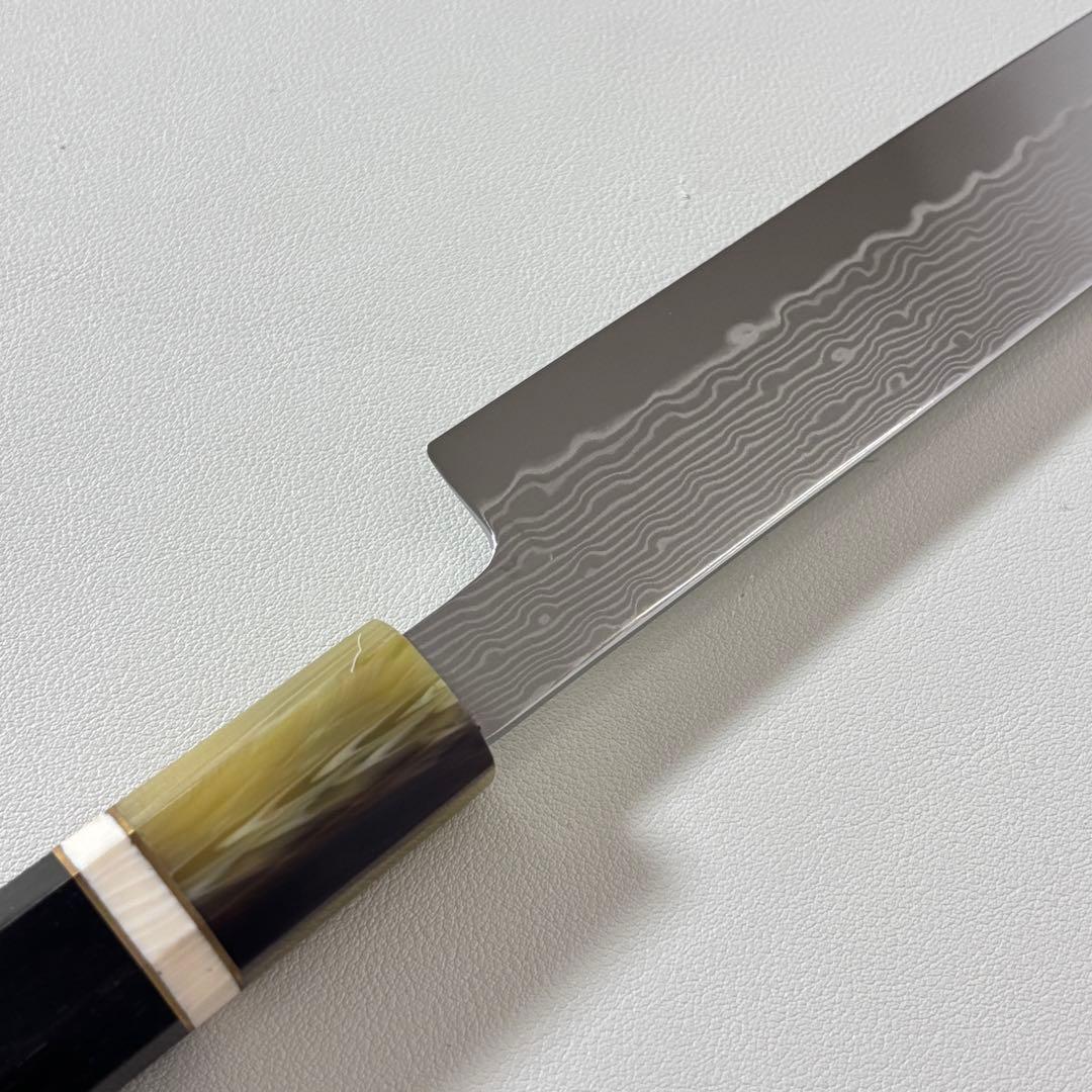 240mm 柳刃包丁 墨流しダマスカス黒檀 本 牛八角柄　刺身包丁 和包丁+
