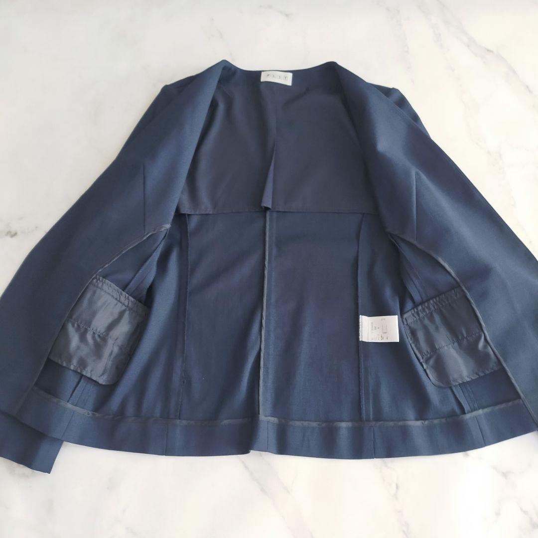 プラステ　リネンブレンド　洗える　パンツスーツセットアップ　ノーカラー　麻混