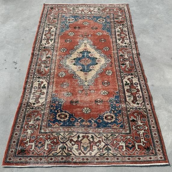 トルコヴィンテージラグ A51 レア オレンジ テラコッタ ネイビー グリーン