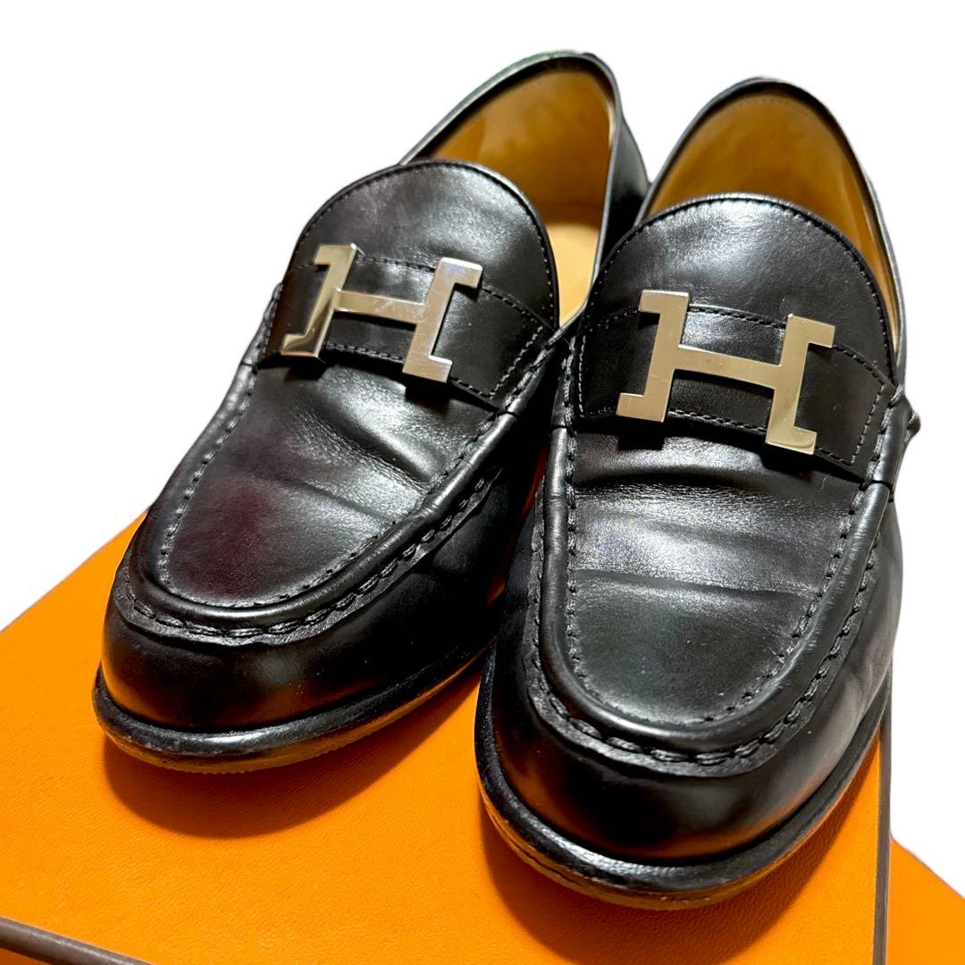 HERMES ブラック ヒール ローファー Hロゴ付き 箱付き