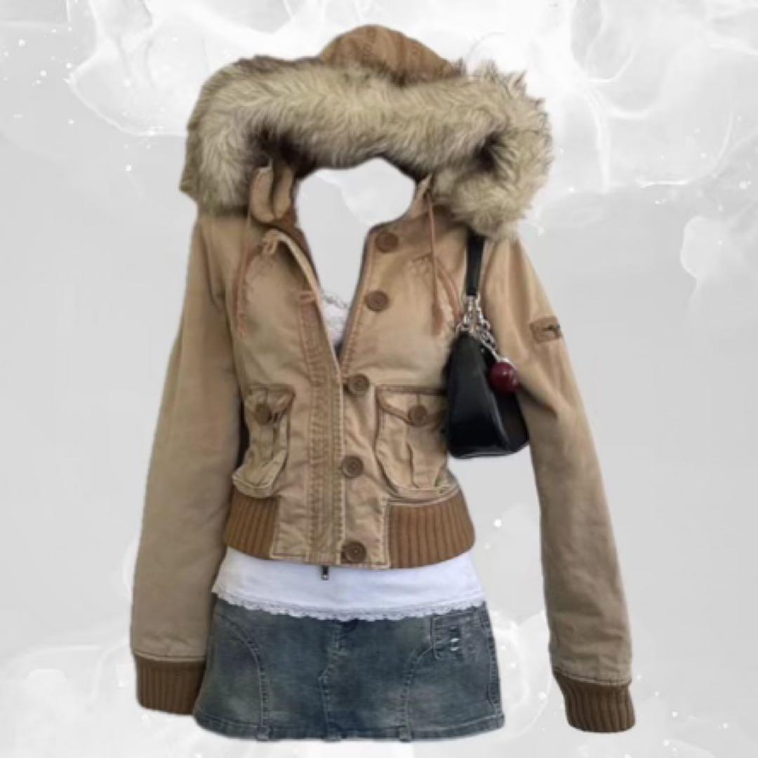 ベージュ ファー付きフーディー ギャル grunge Y2K ストリート 多系統