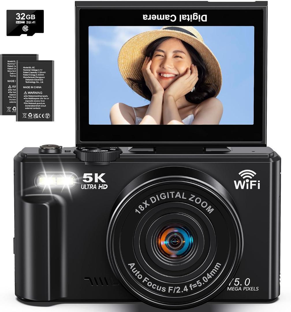 デジカメ 5K 7500万画素 Wi-Fi機能 18倍ズーム 180度 32GB