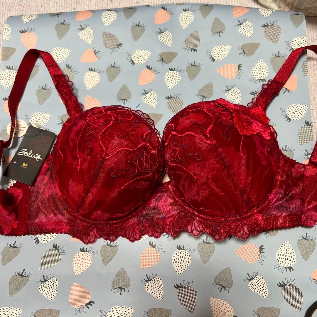 ネイビー刺繍、赤色、ブラジャーショーツセット G65