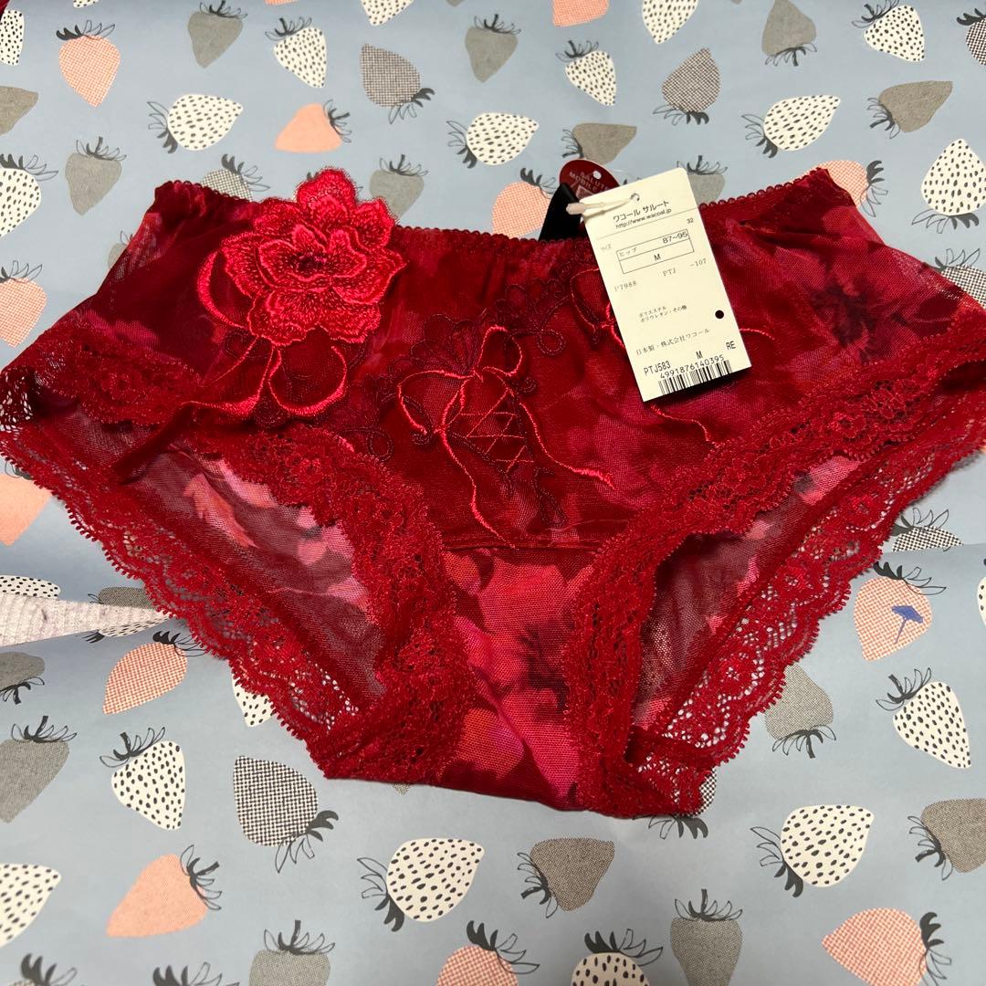 ネイビー刺繍、赤色、ブラジャーショーツセット G65
