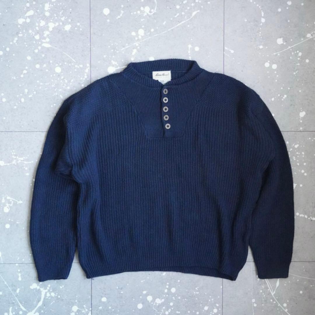 Eddie Bauer ネイビー ヘンリーネックニット XL アメリカ製