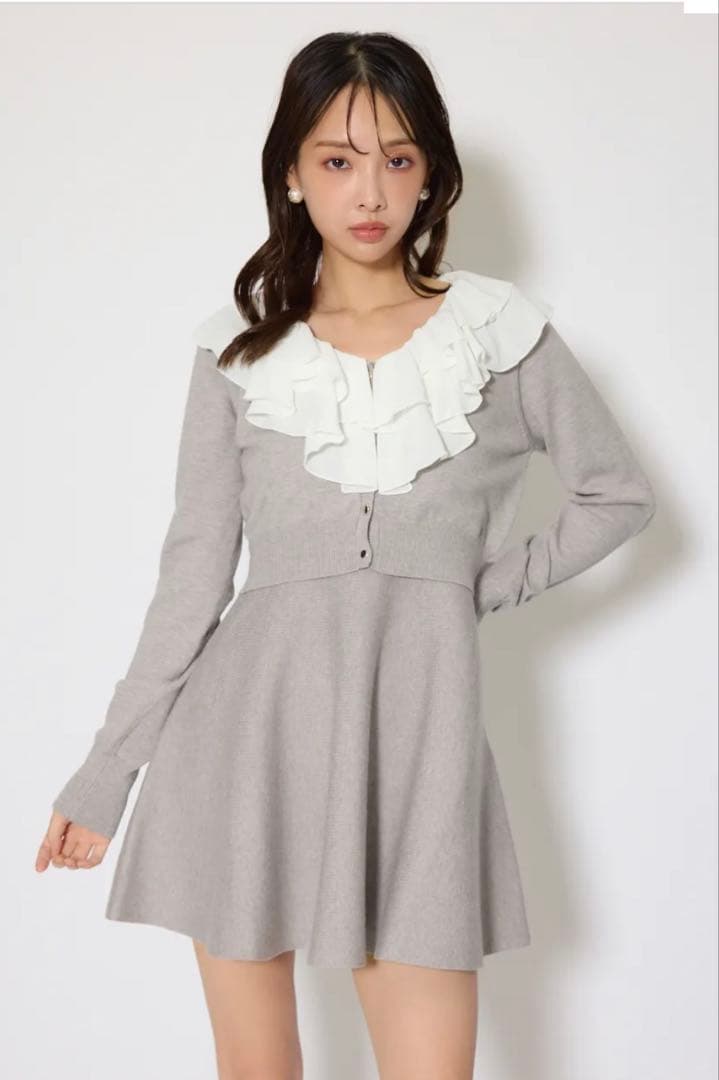rienda フリルカラーニットカーディガンセットワンピース