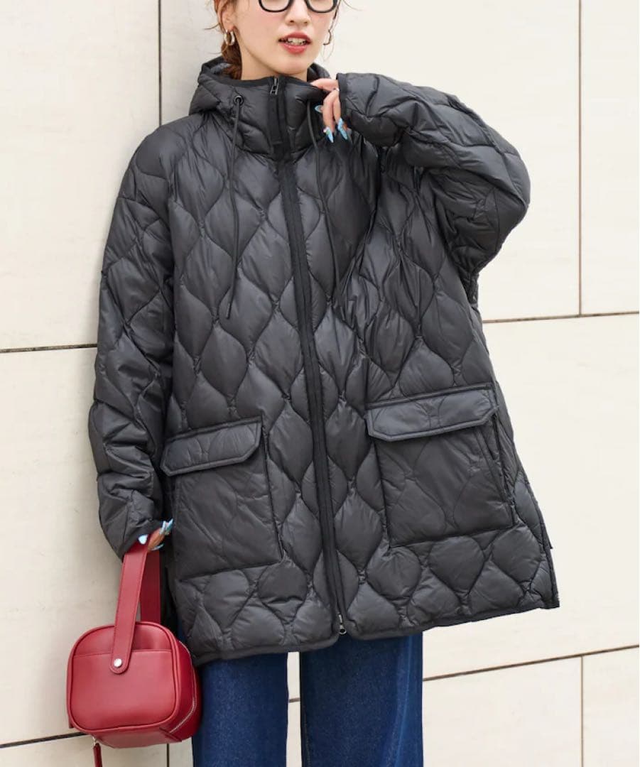 【TAION】別注フード ミドル丈 ソフト ダウンコート　ブラック