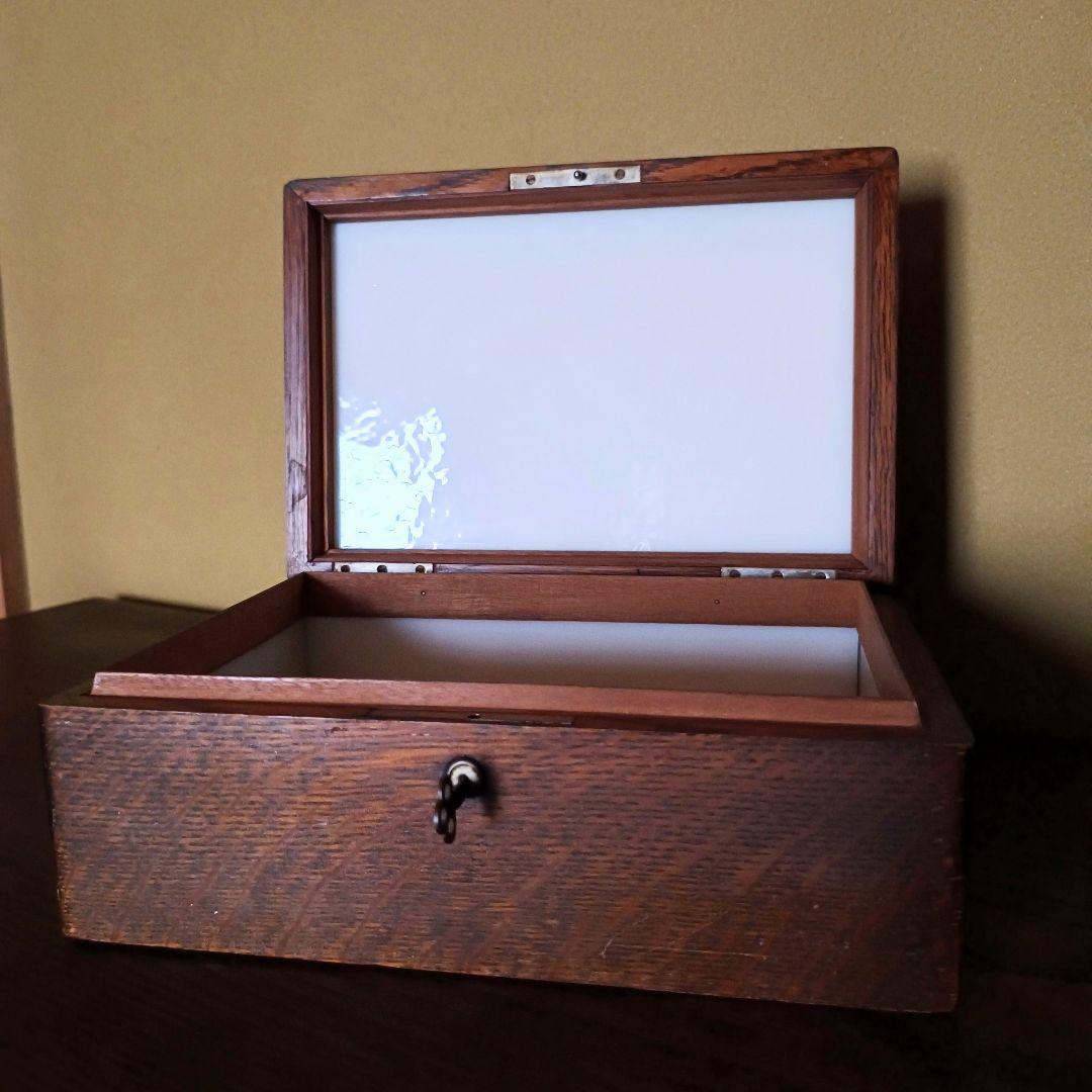 【希少】乳白ガラスとオークの木目の美しい収納ケース ウッドボックス 古道具