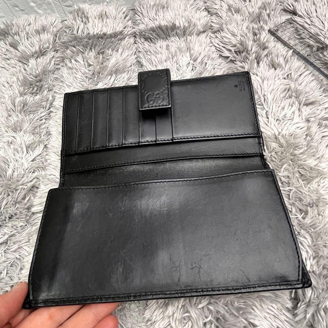 美品✨GUCCI シマ　レザー　長財布　ブラック　メンズ　ロゴプレート　Wホック