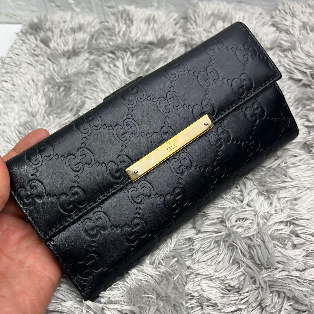 美品✨GUCCI シマ　レザー　長財布　ブラック　メンズ　ロゴプレート　Wホック
