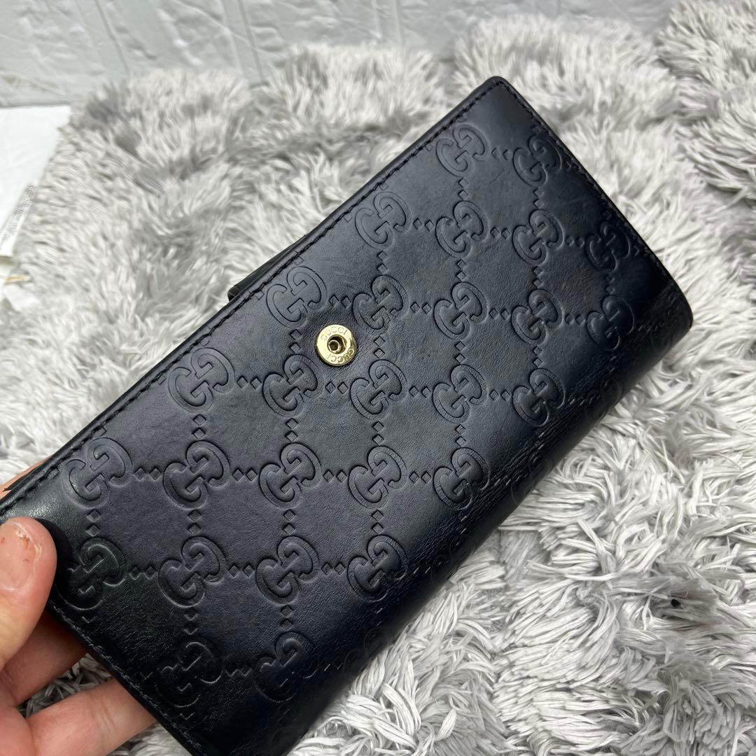美品✨GUCCI シマ　レザー　長財布　ブラック　メンズ　ロゴプレート　Wホック