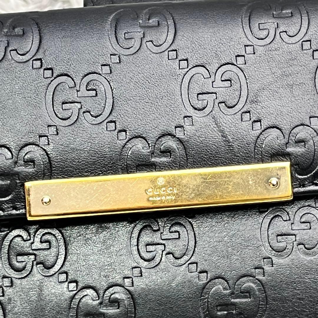 美品✨GUCCI シマ　レザー　長財布　ブラック　メンズ　ロゴプレート　Wホック