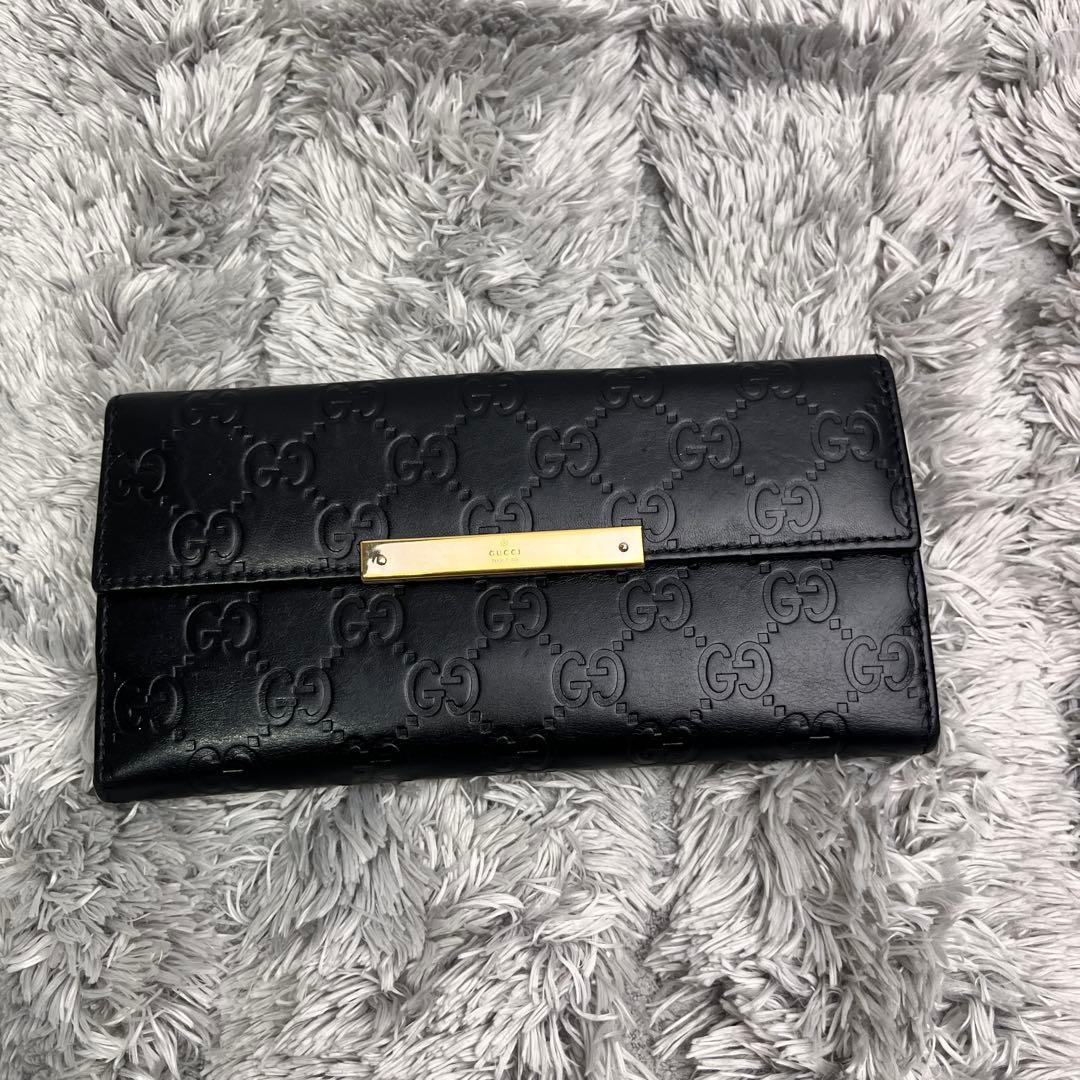 美品✨GUCCI シマ　レザー　長財布　ブラック　メンズ　ロゴプレート　Wホック