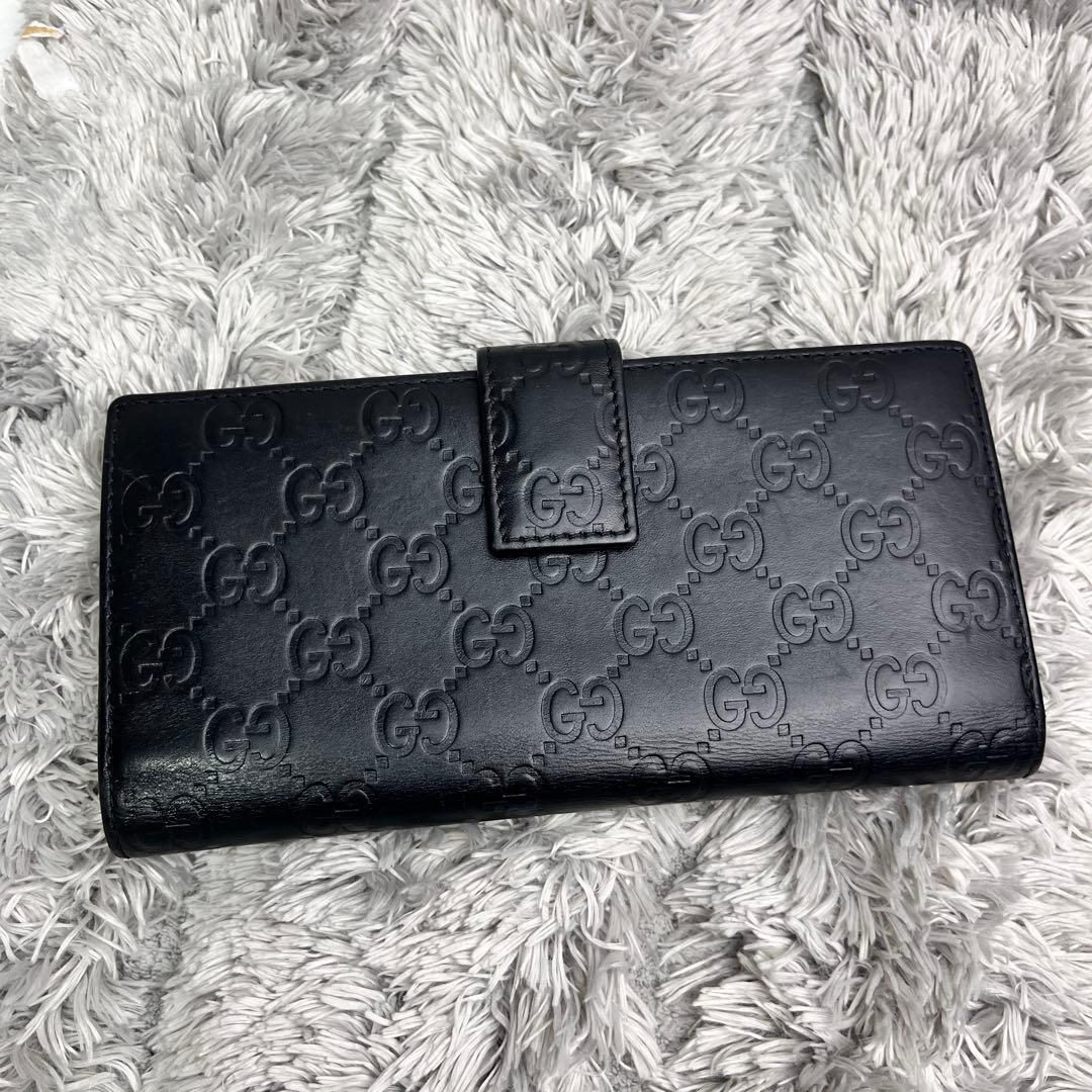 美品✨GUCCI シマ　レザー　長財布　ブラック　メンズ　ロゴプレート　Wホック