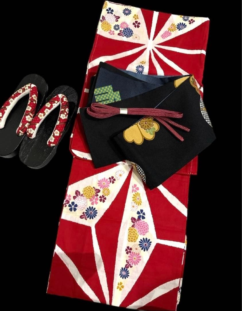 限定1☆浴衣 大正ロマン アンティーク 浴衣 麻の葉　猫 赤 白 黒猫