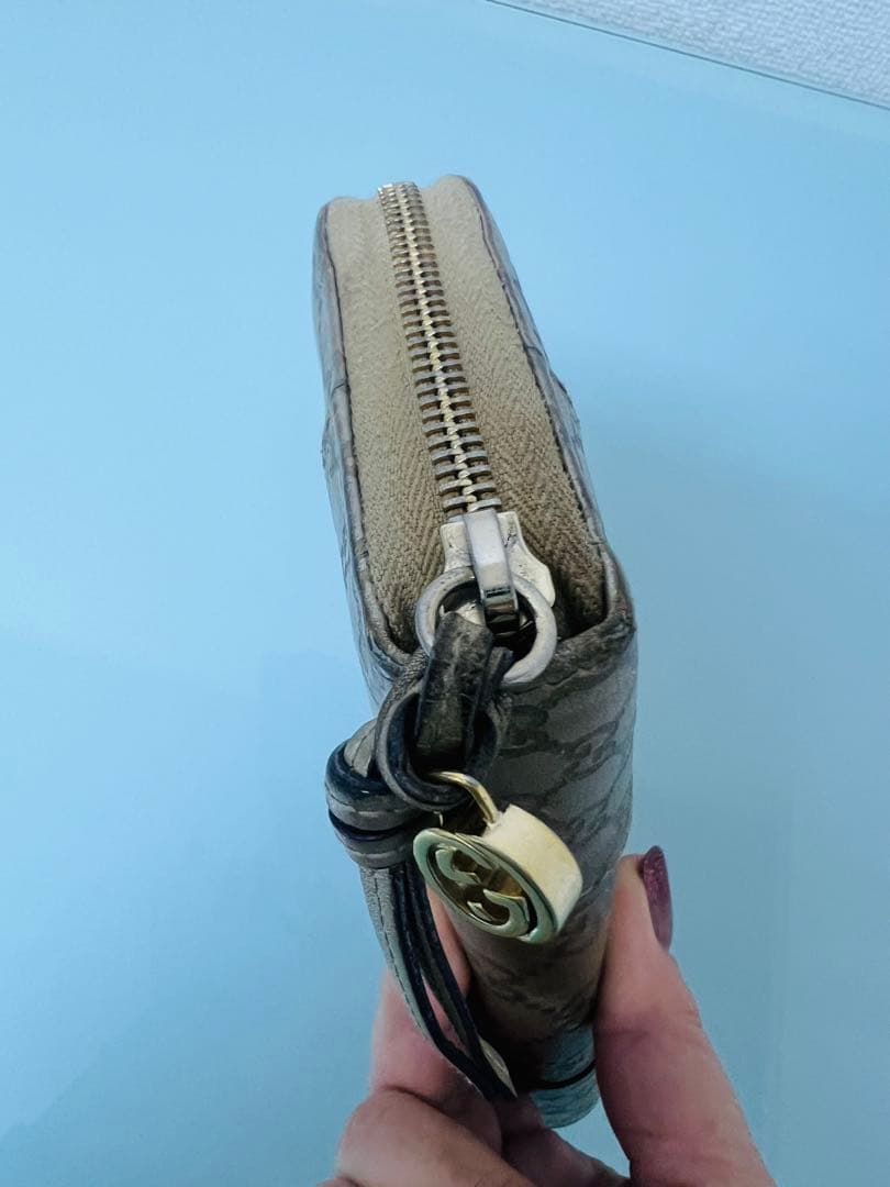 極美品★グッチ GUCCI 希少★シルバー GG シマ レザー長財布