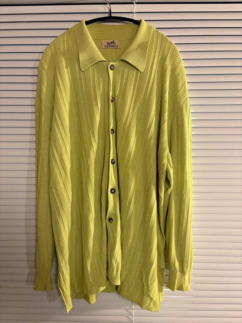 HERMES プリーツ加工 長袖シャツ ライムグリーン