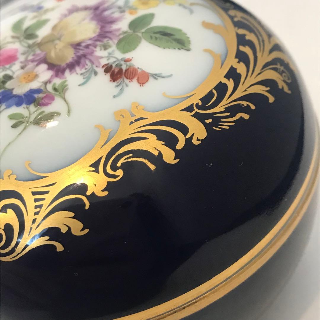 【未使用】マイセン コバルト フラワーブーケ 金彩 花絵 小物入れ 置物 蓋物