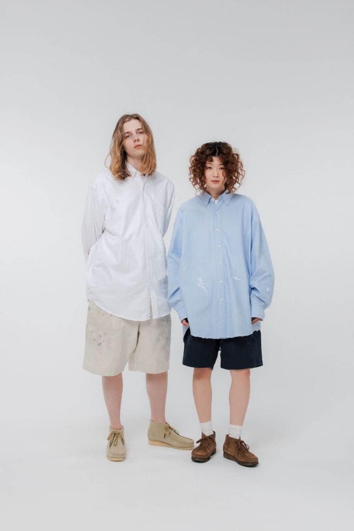 BOWWOW BEAMSライトブルー ダメージ加工 オーバーサイズシャツ