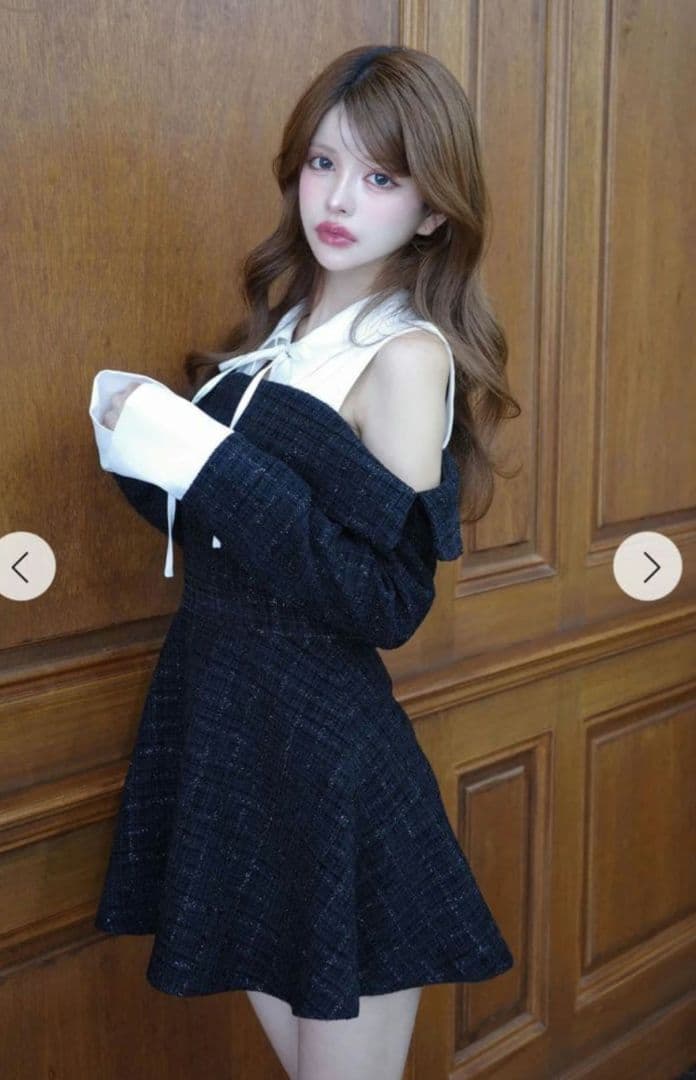 Randy ツイードショルダーカットフレアミニワンピース