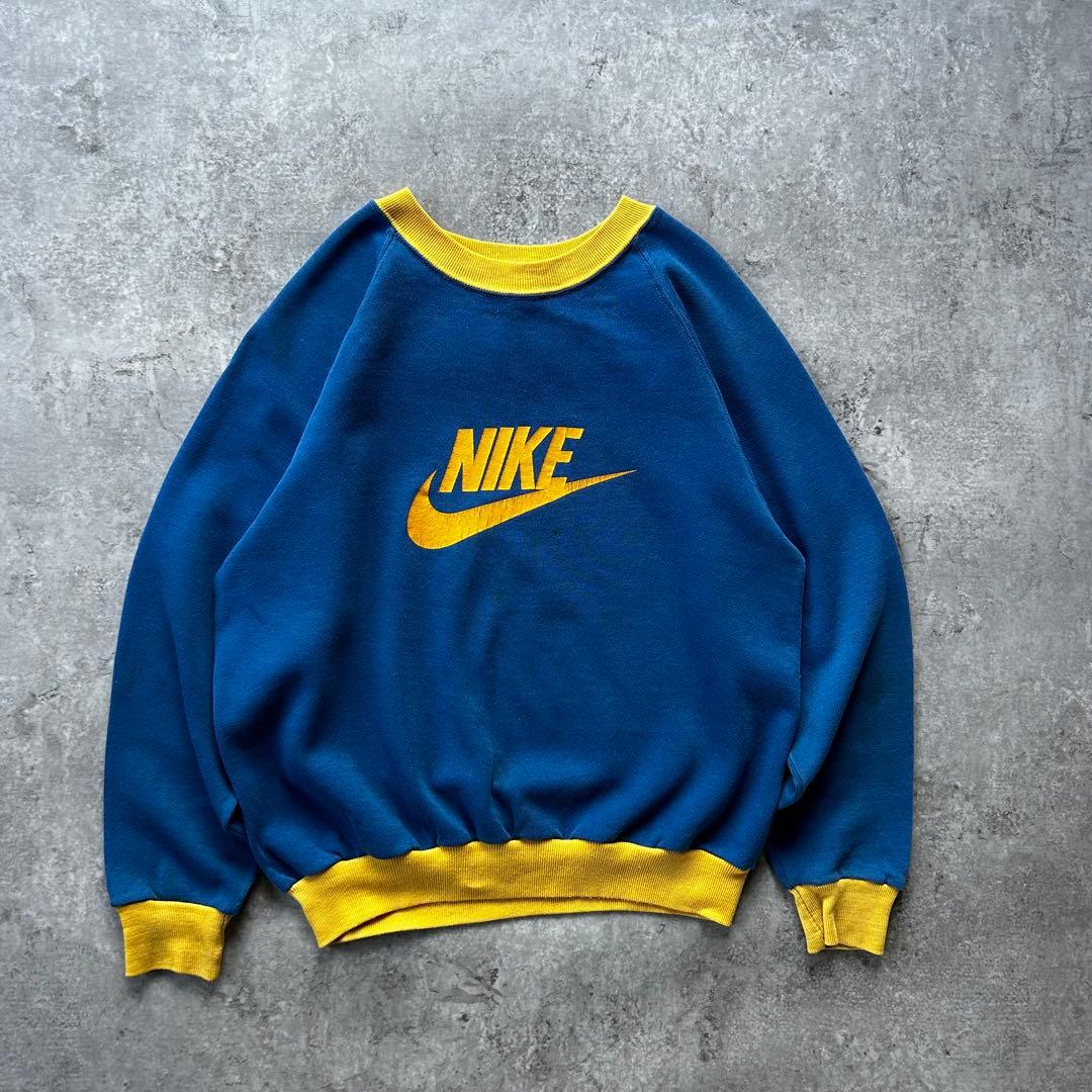 70s NIKE ナイキ ツートンスウェット USA製 XL ブルー×イエロー