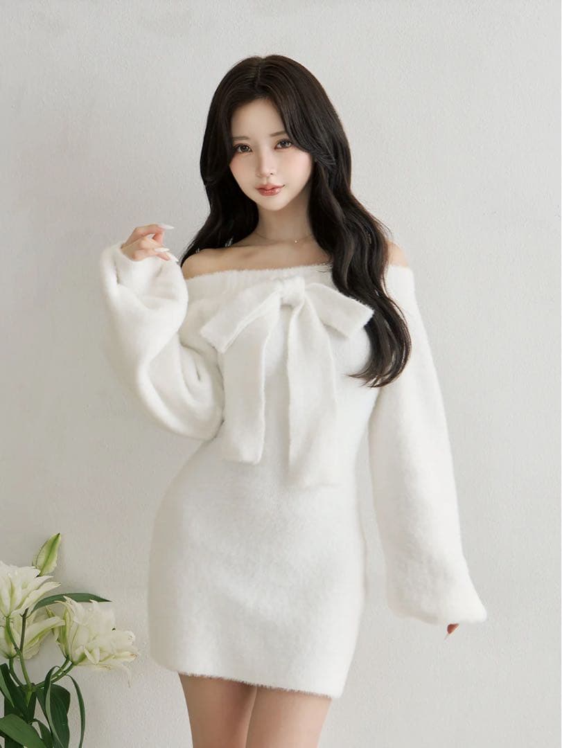 フーディーオフショルニットミニワンピース WHT Free