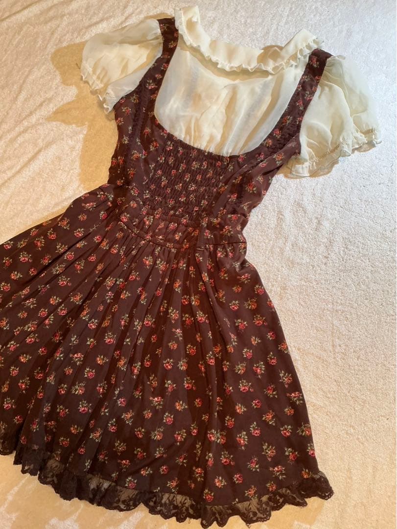 LIZLISA 希少 BIGリボンAラインワンピース 重ね着風 ローズ柄 姫カジ