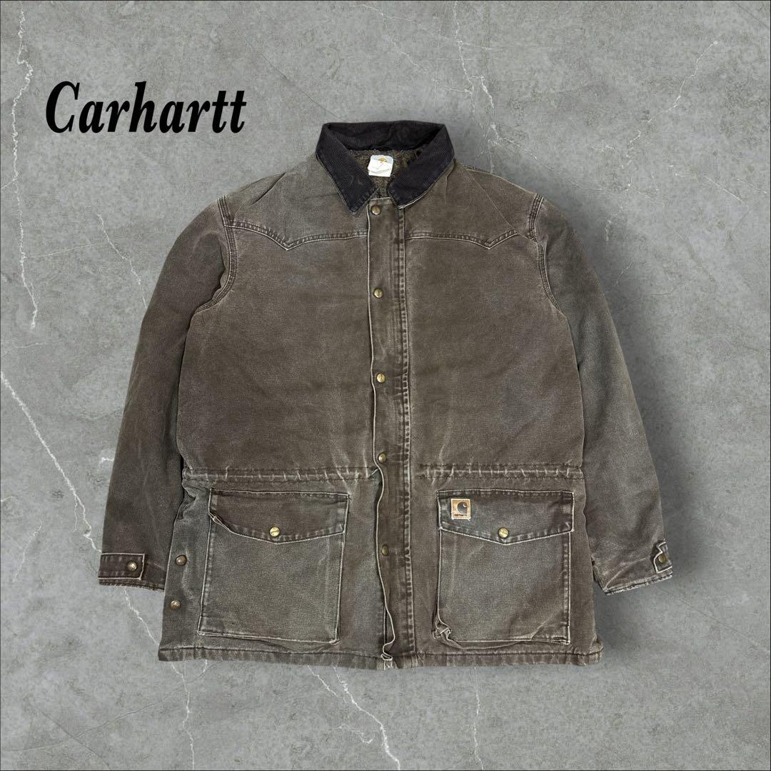 27]メキシコ製カーハート レザーロゴフルジップ ダック地ジャケットブルゾン古着