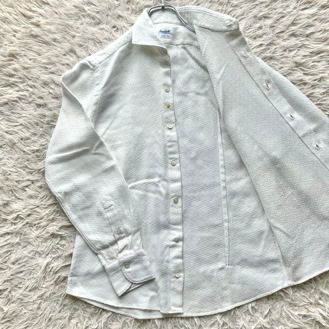 【極美品 洗える ジャガード織】ジャンネット　シャツ　ホリゾンタルカラー　白　M