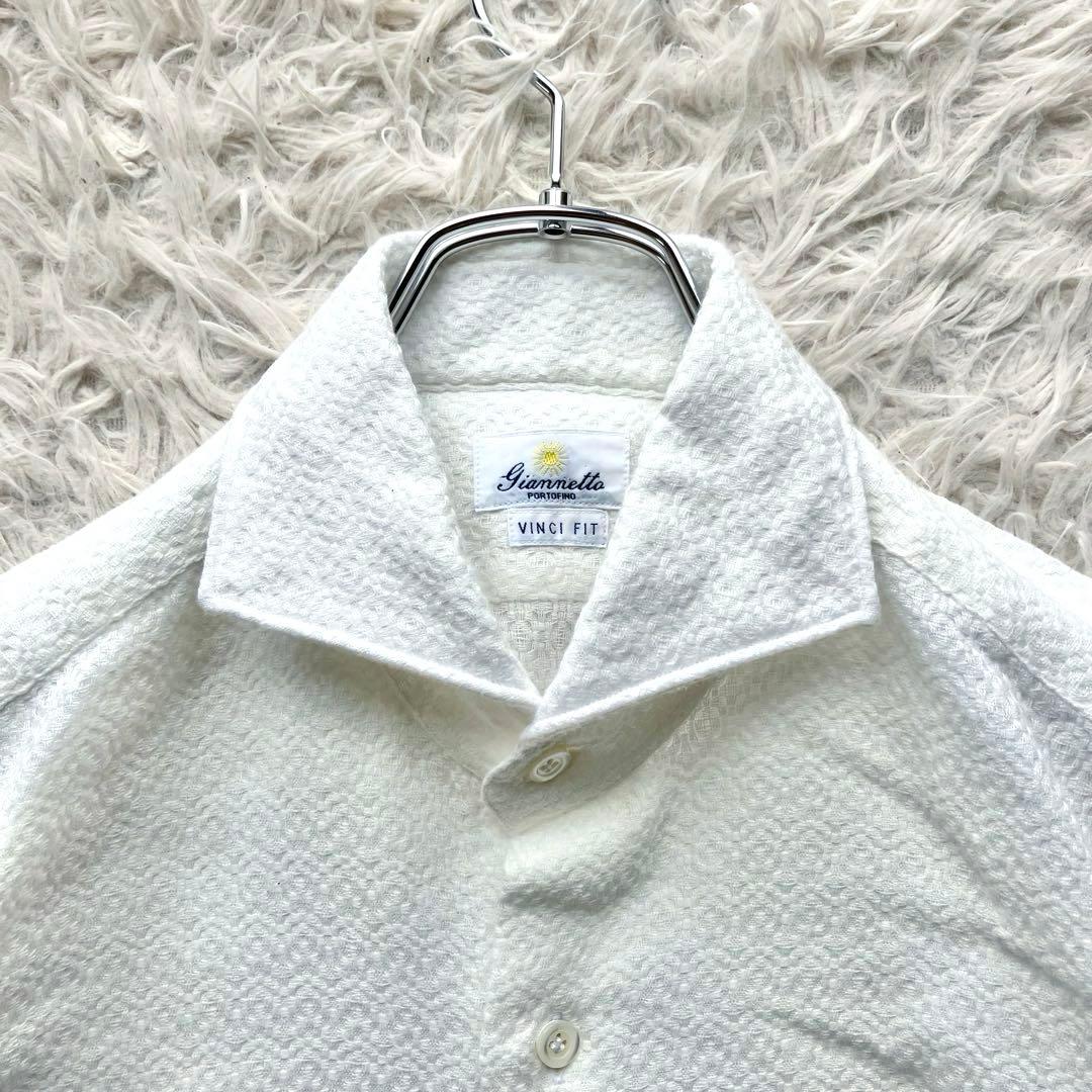 【極美品 洗える ジャガード織】ジャンネット　シャツ　ホリゾンタルカラー　白　M