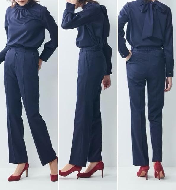 新品☆LL♪紺系♪衿リボンタイ♪セットアップパンツスーツ♪3点〇D195