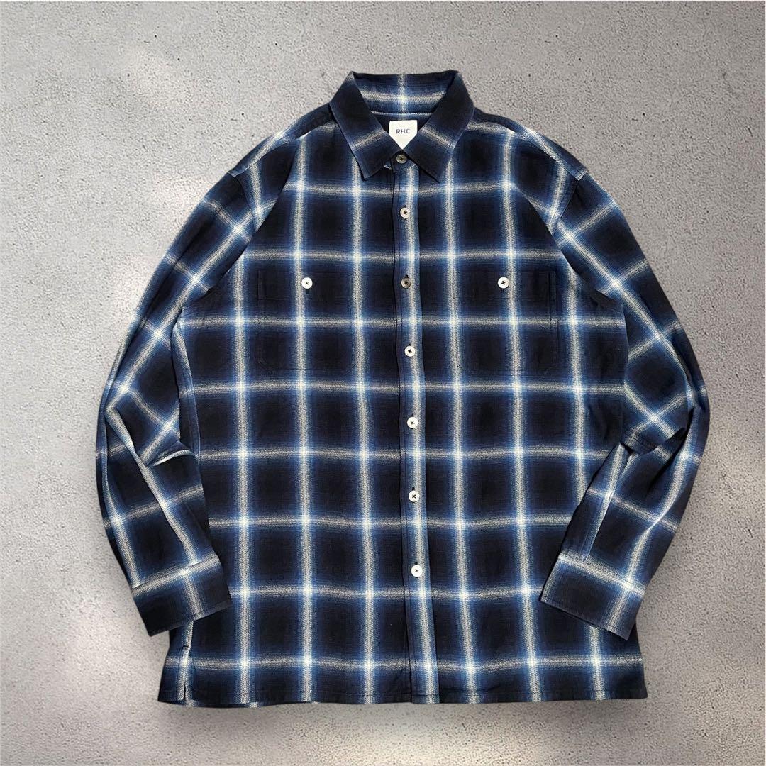 RHCロンハーマン ネイビー オンブレ シャドー チェックネルシャツ