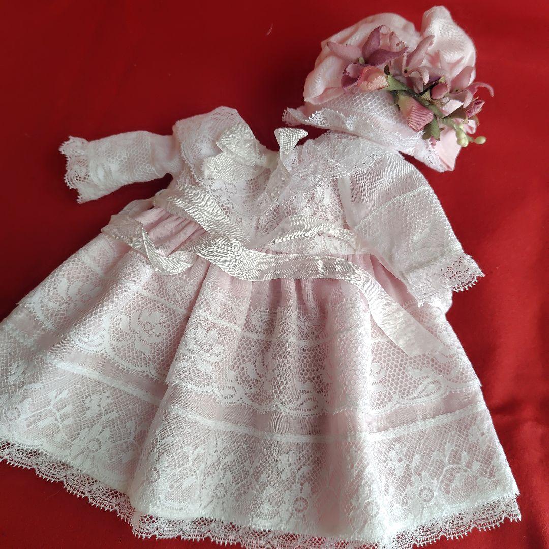 30cm位のドール用ドレス 淡〜いピンクアンティークドレスとボネ