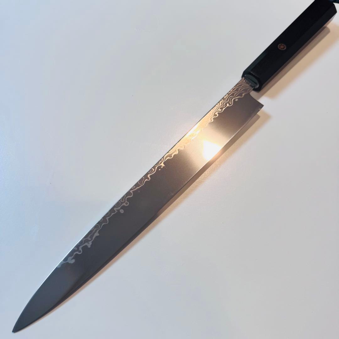 270mm ダマスカス墨流し柳刃包丁 黒檀八角柄 鏡面仕上げ 刺身用