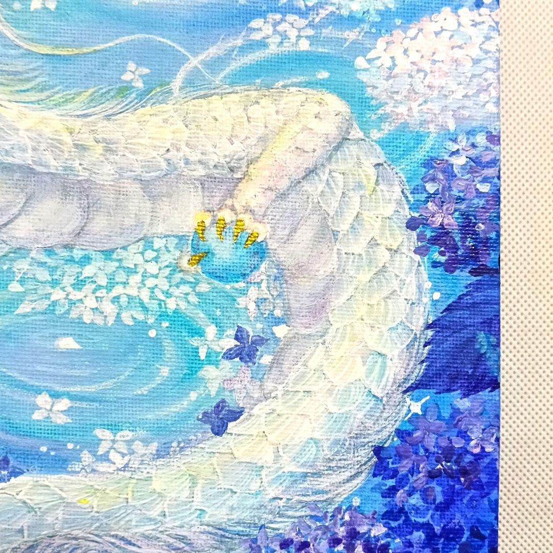 No.509 F3キャンバス 原画 龍神絵画 白龍 紫陽花 開運絵画　立体アート