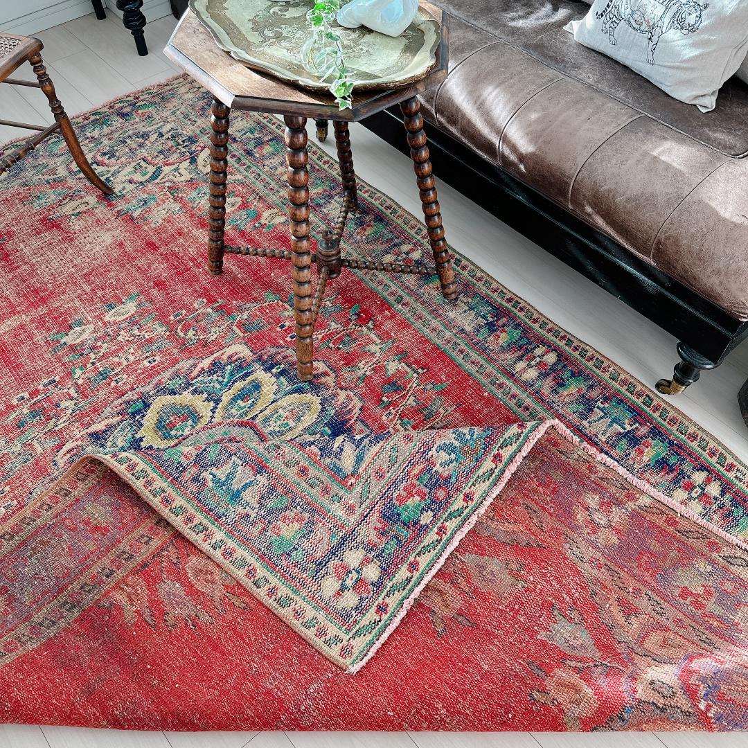 トルコ ヴィンテージラグ A89 超大判 レア レッド ターコイズ ネイビー