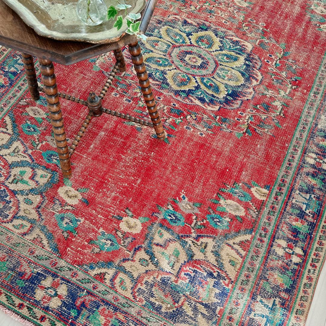 トルコ ヴィンテージラグ A89 超大判 レア レッド ターコイズ ネイビー