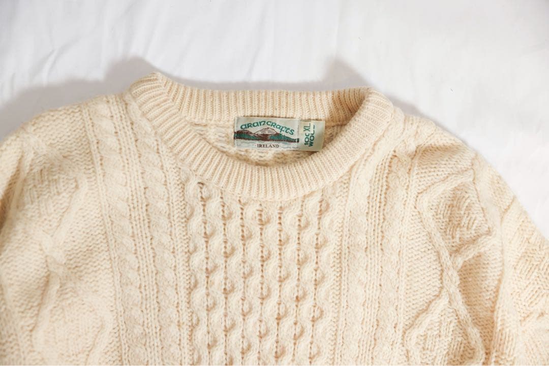 アイルランド製 アランクラフト ウールニット フィッシャーマン XL アイボリー