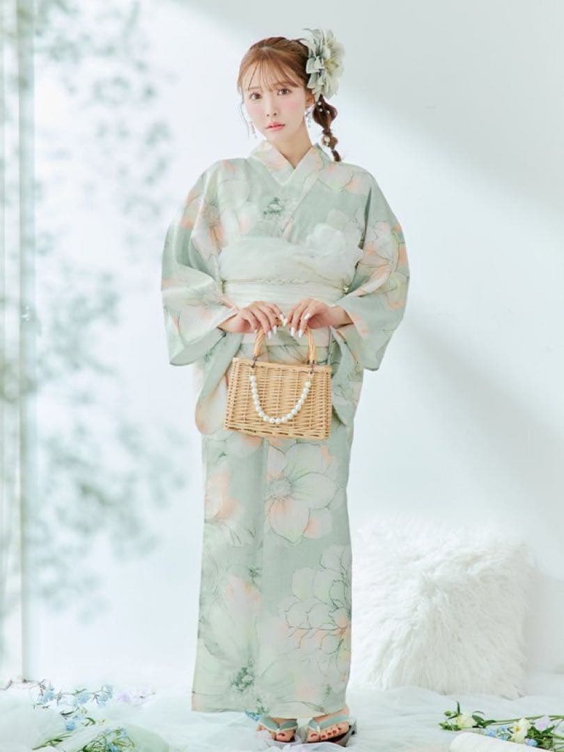 【美品】人気　JEWELS 浴衣3点セット アイシーミントフラワー 帯 下駄