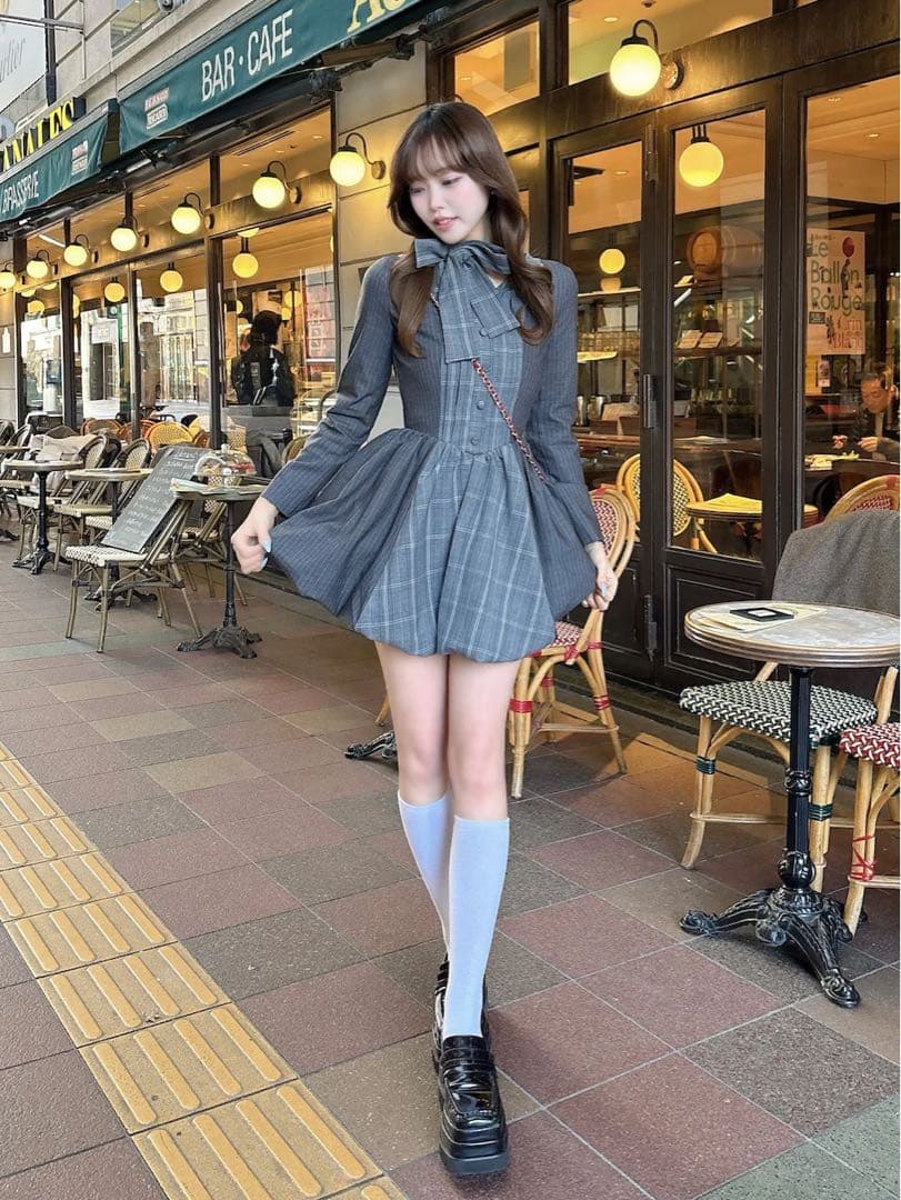 チェックストライプバルーンミニワンピース　FL GRY ノベルティーミラーつき