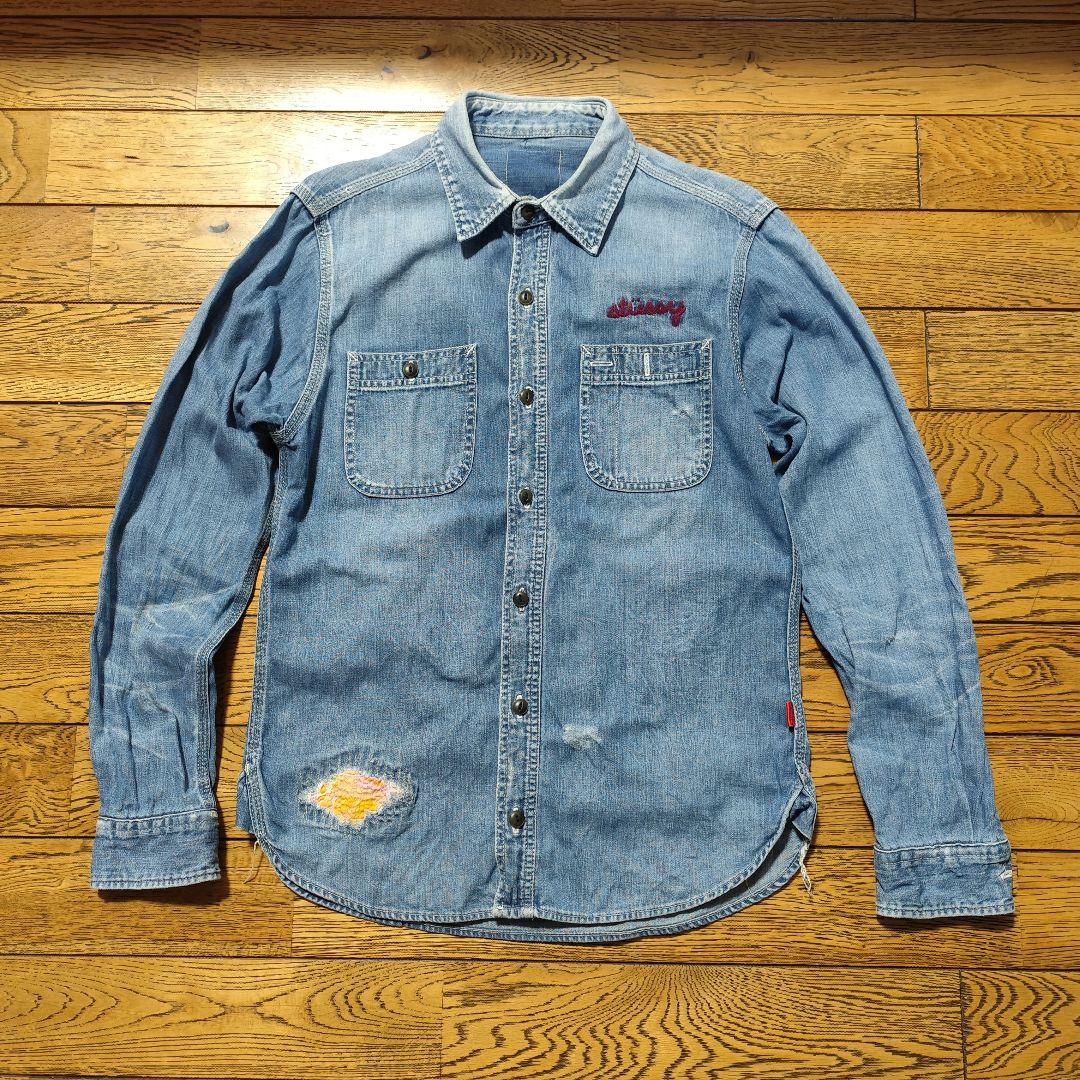 希少 old STUSSY ダメージリペア加工 デニムシャツ 金タグ
