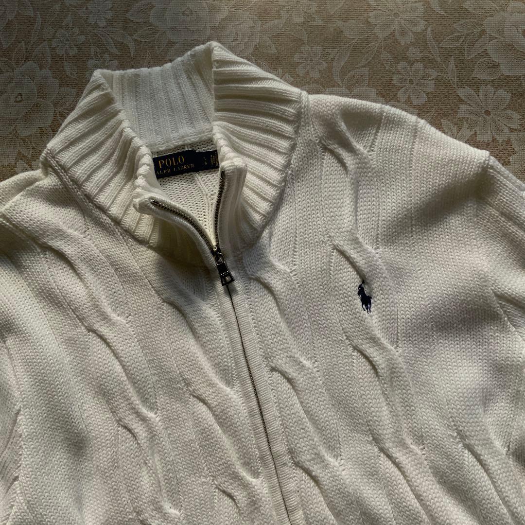 超美品　ポロラルフローレン　コットンケーブル編みジップアップニットブルゾンL白