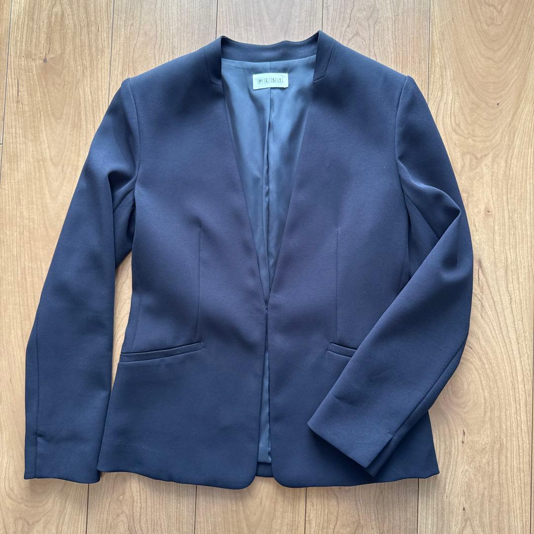 PLST ノーカラー パンツスーツ ダークブルー紺 S セレモニー フォーマル