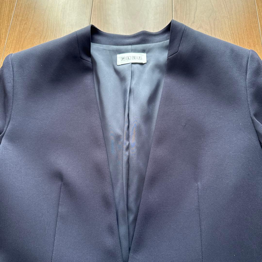PLST ノーカラー パンツスーツ ダークブルー紺 S セレモニー フォーマル