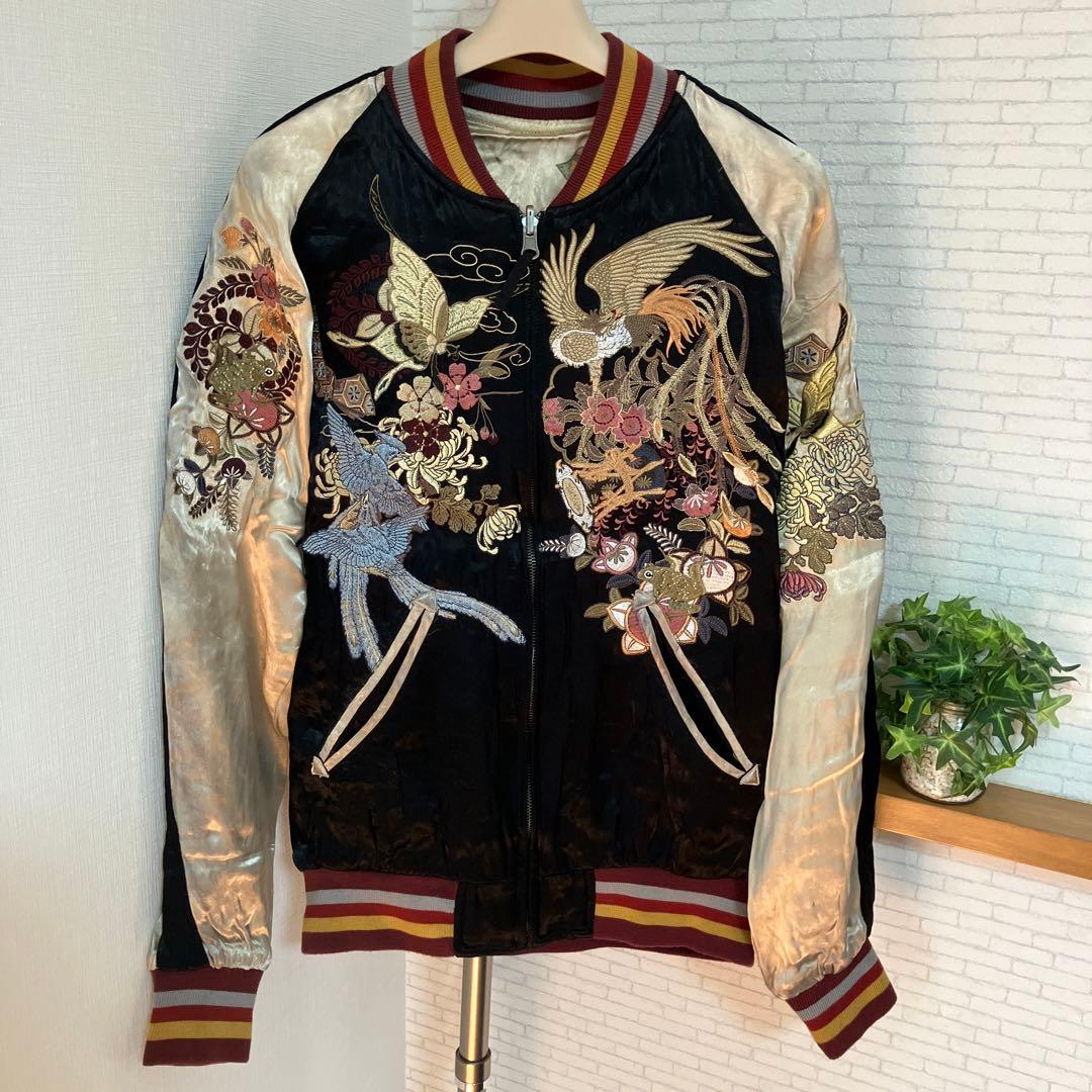 雅結　スカジャン　リバーシブル　レーヨン　刺繍　プリント　和柄　鳳凰　蝶　燕　蛙