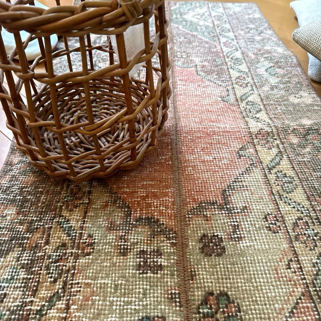 50×119パッチワーク　淡いサーモン×グレージュ　トルコヴィンテージラグ