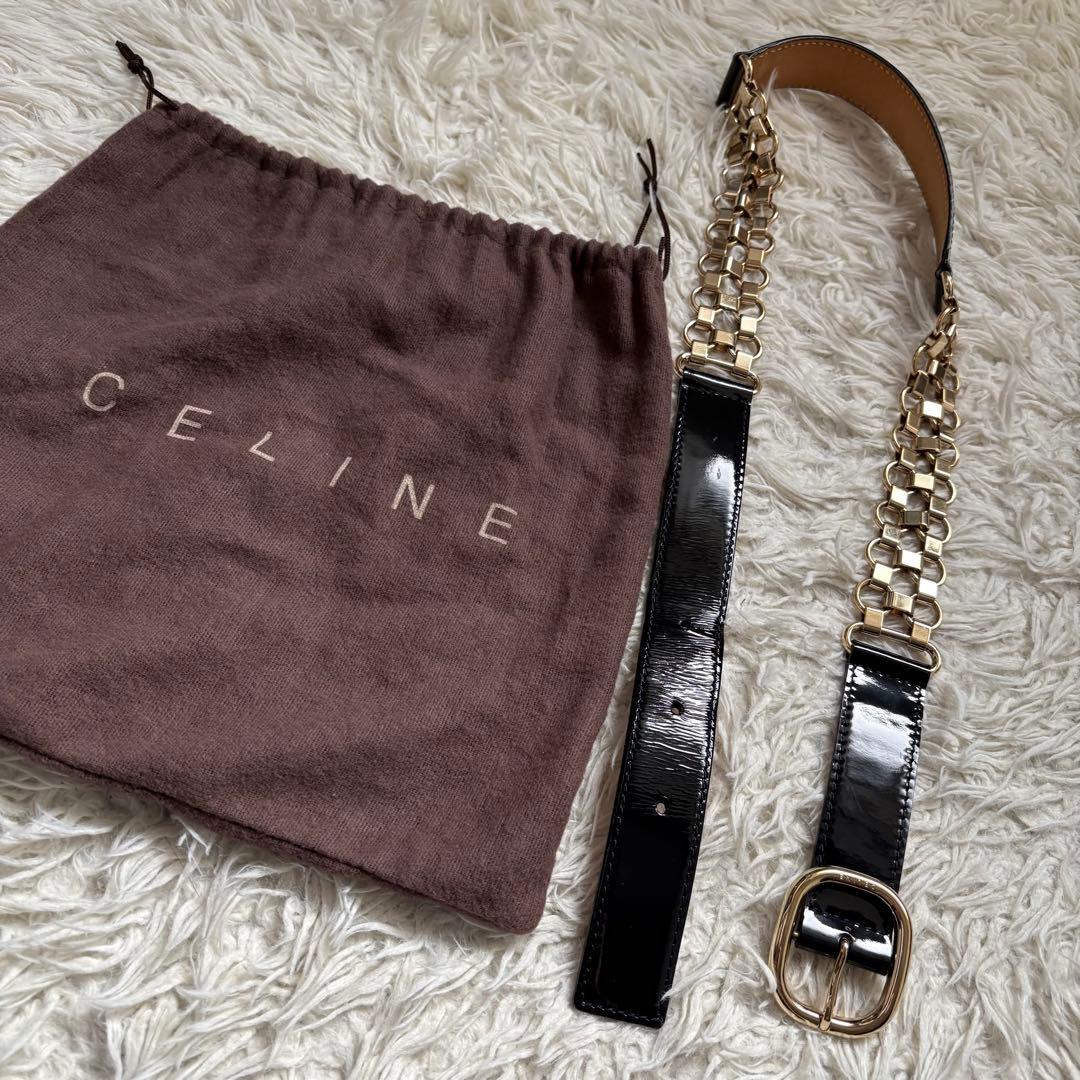 美品　セリーヌ ヴィンテージ　エナメル　ブラック チェーン ベルト レディース