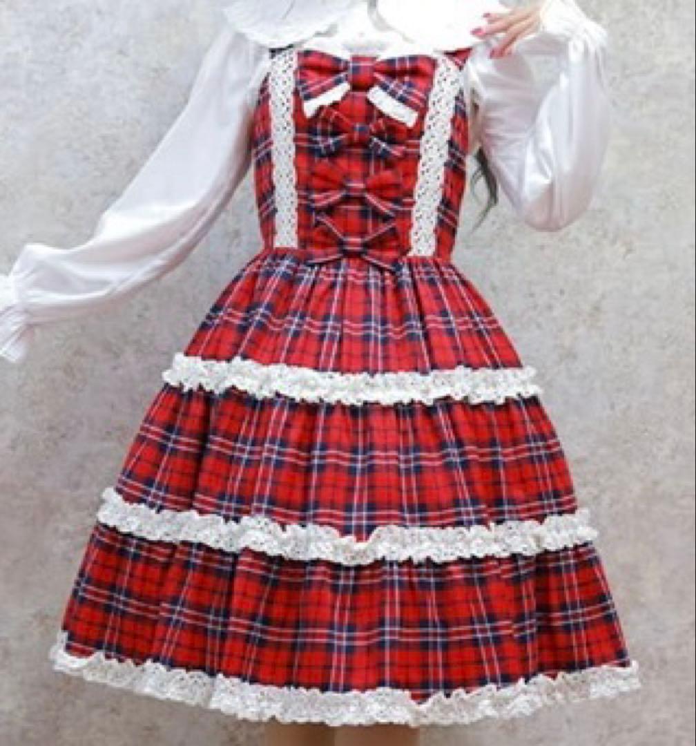 axes femme kawaiiタータンチェックジャンスカ　赤