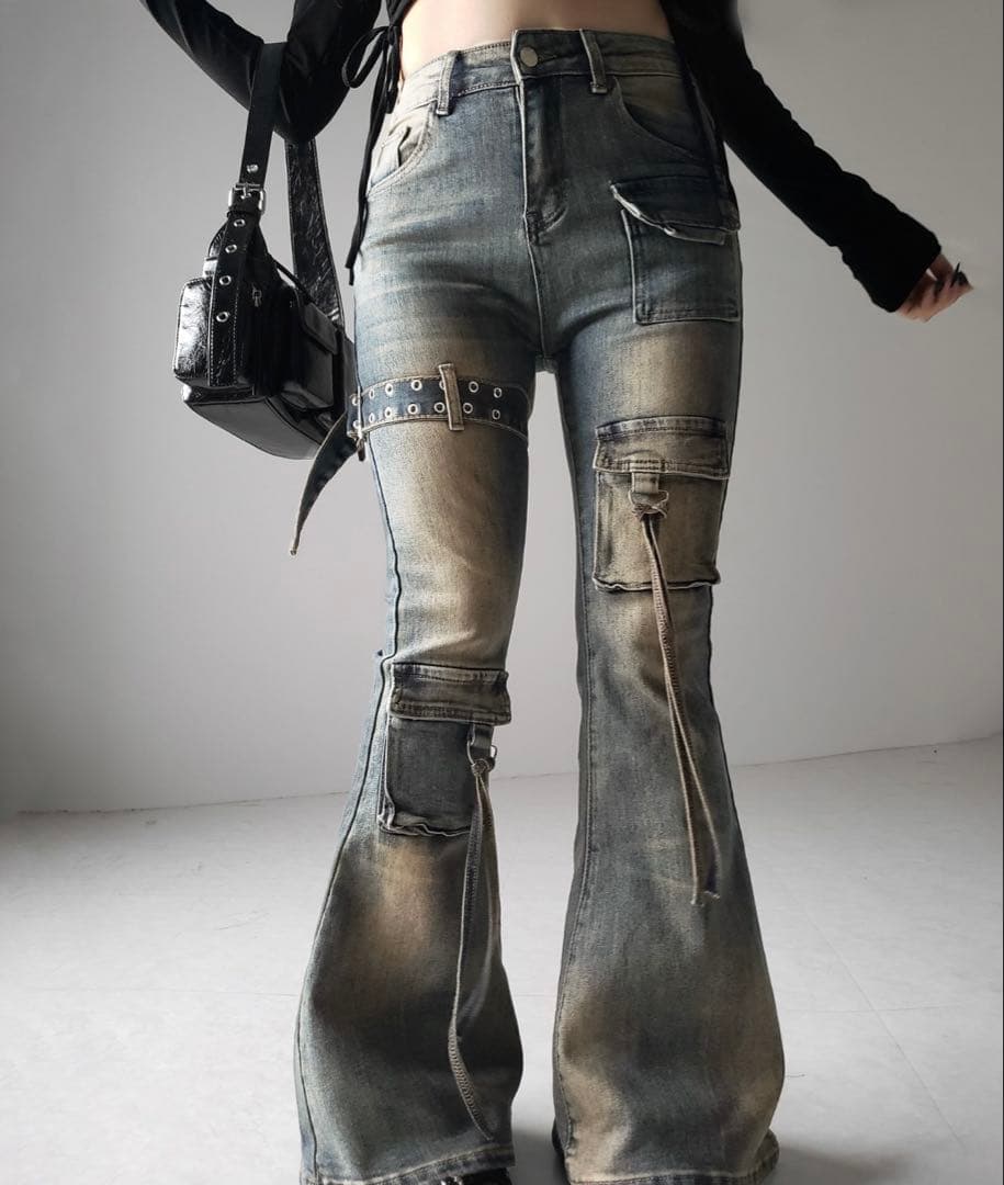 me+em select ベルテッドアウトポケットヴィンテージフレアデニム S